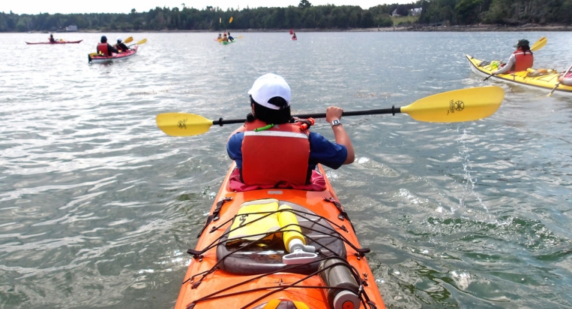 A person wearing a life jacket paddles a kayak away from the camera, toward other kayaks being paddled in the distance